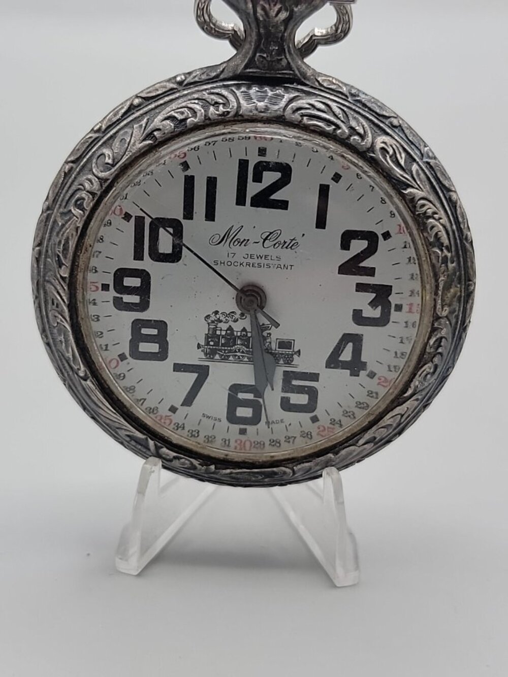 Swiss Railroad Grade Wind Pocket Watch Mon-Corte By EVASO SA 17j Antique - Picture 2 of 16